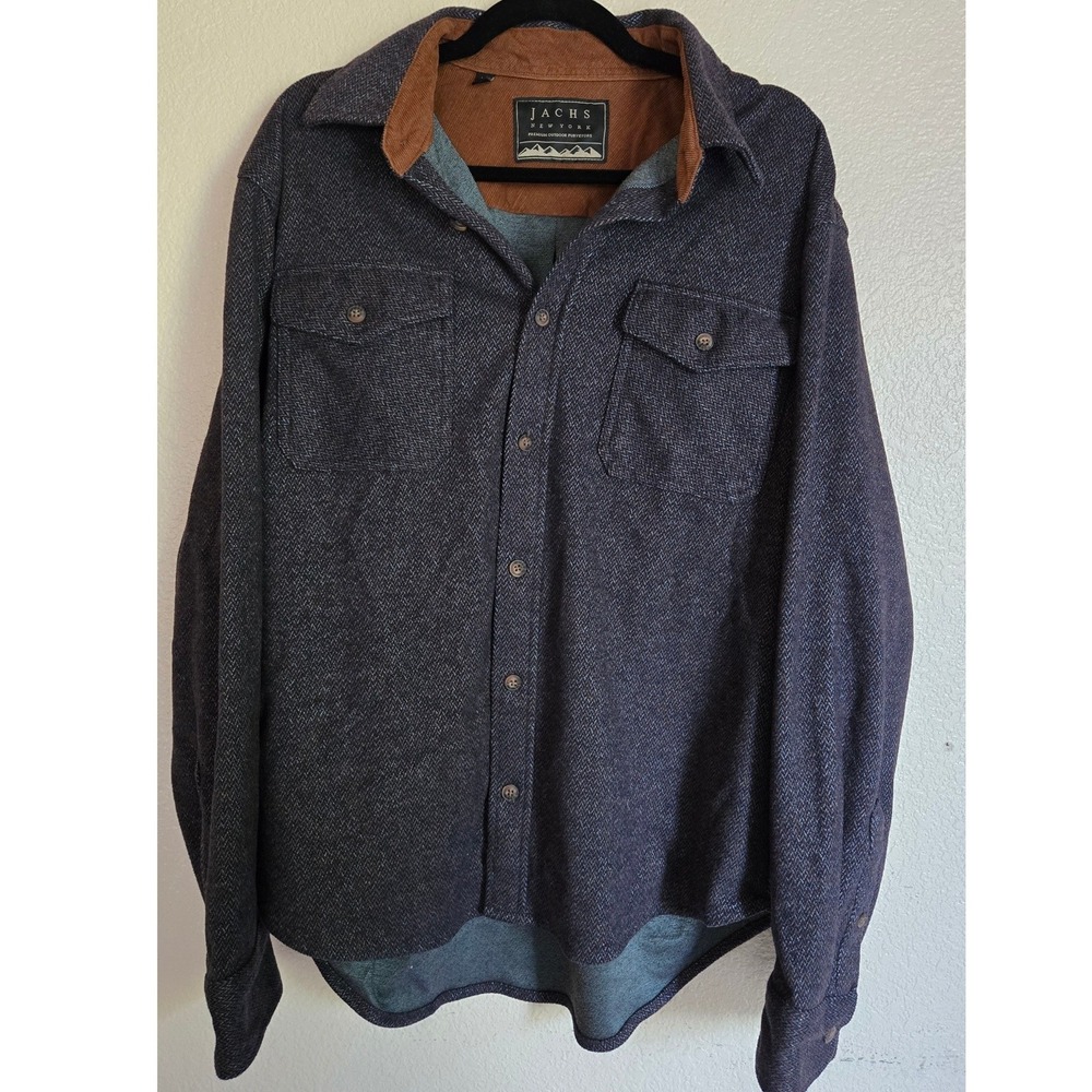 Jachs New York Mens XL Herringbone Flannel Shirt Navy Blue Corduroy Trim
